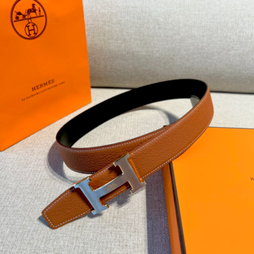 [正品버전] 에르메스 H버클 벨트 17 [은장] [라이트브라운] [32/38mm]